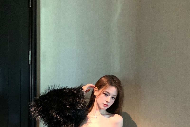 / Fluffy Plain Tube Leather Dress Sequin Bodycon Faux Jacket Panel Mini FashionChic