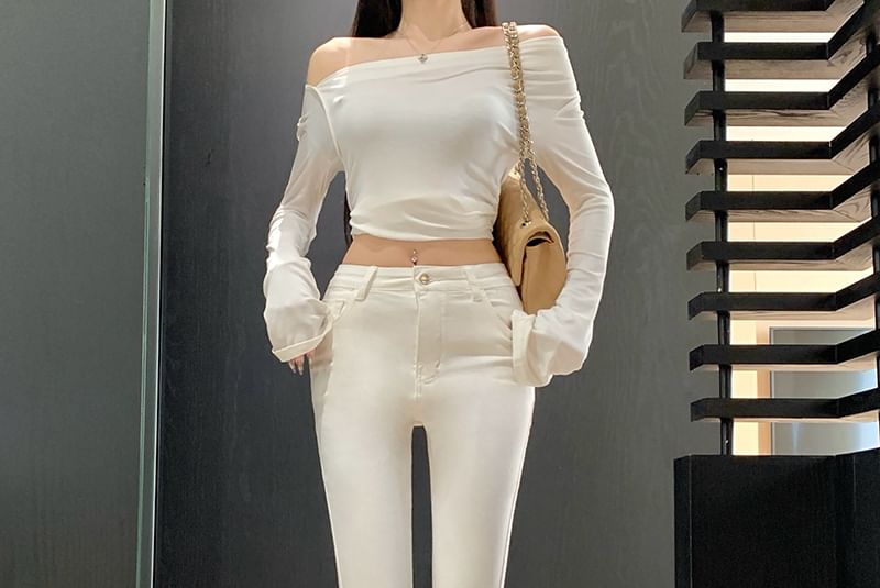 High Pants Plain Flared Waist FashionChic