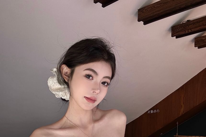 Bow / Top Plain Tube Accent Striped Crop Waist Pants Wide Leg High FashionChic