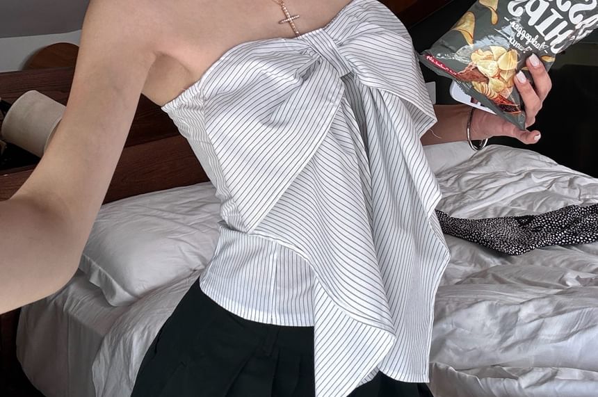 Bow / Top Plain Tube Accent Striped Crop Waist Pants Wide Leg High FashionChic