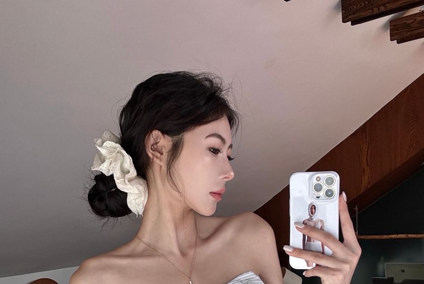 Bow / Top Plain Tube Accent Striped Crop Waist Pants Wide Leg High FashionChic