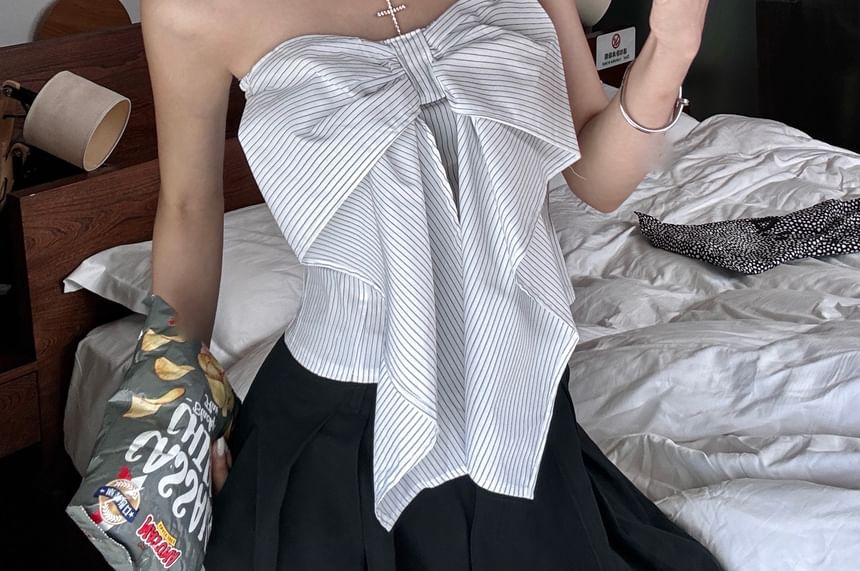 Bow / Top Plain Tube Accent Striped Crop Waist Pants Wide Leg High FashionChic