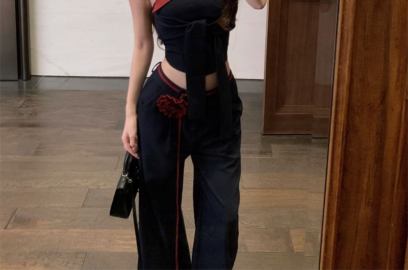 Leg Low Plain Crop Tone Top / Pants Tie Waist Two Wide Tube Front FashionChic