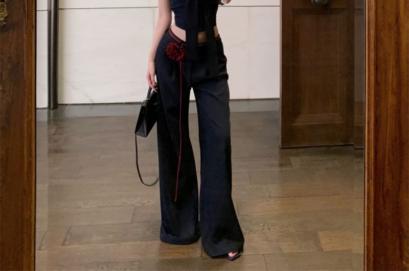 Leg Low Plain Crop Tone Top / Pants Tie Waist Two Wide Tube Front FashionChic