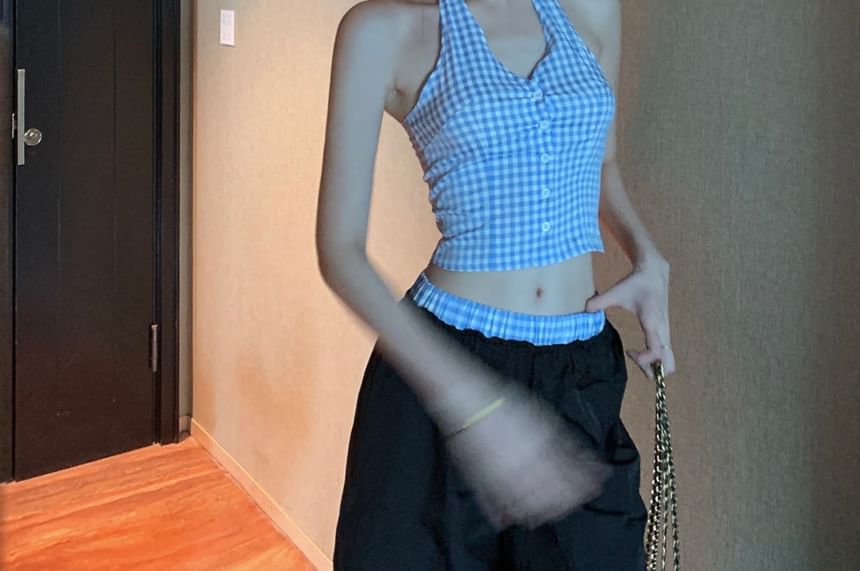 Waist Leg Low Gingham / Pants Wide Top Button-Up Halter V-Neck Crop FashionChic