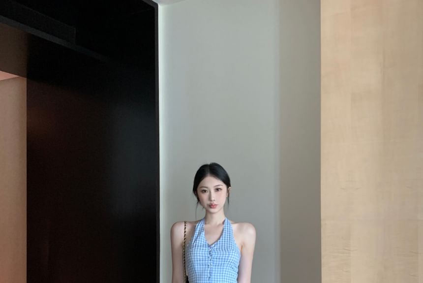 Waist Leg Low Gingham / Pants Wide Top Button-Up Halter V-Neck Crop FashionChic