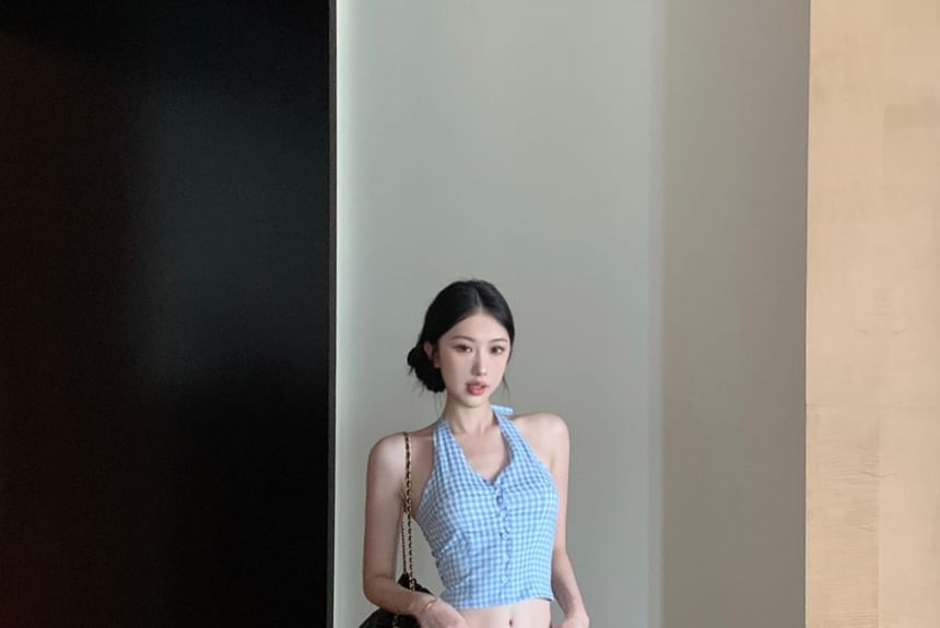 Waist Leg Low Gingham / Pants Wide Top Button-Up Halter V-Neck Crop FashionChic