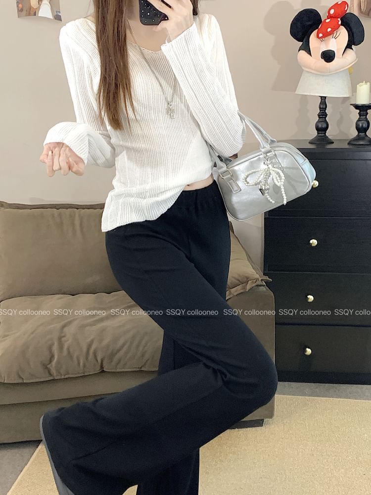 Rise Plain Flared Mid Pants FashionChic