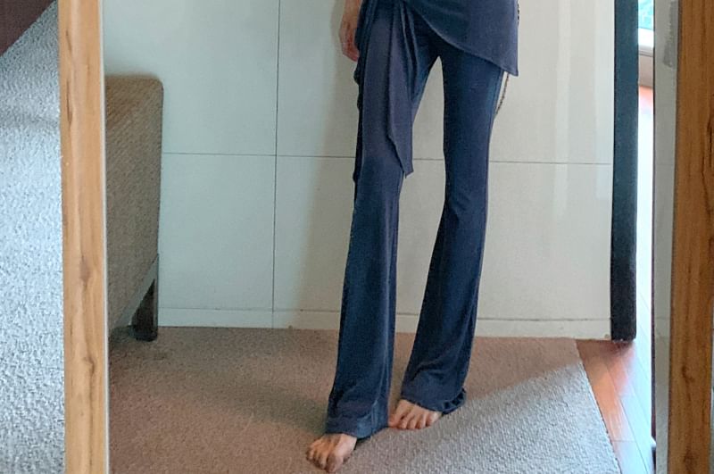 Shoulder Yoga / Plain Waist Overlay High Skirt Off Crop T-Shirt Pants Short-Sleeve FashionChic