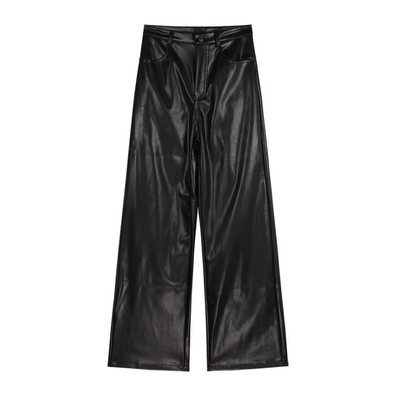 High Top Neck Faux / Flared Leather Plain Rise Pants Camisole Square FashionChic
