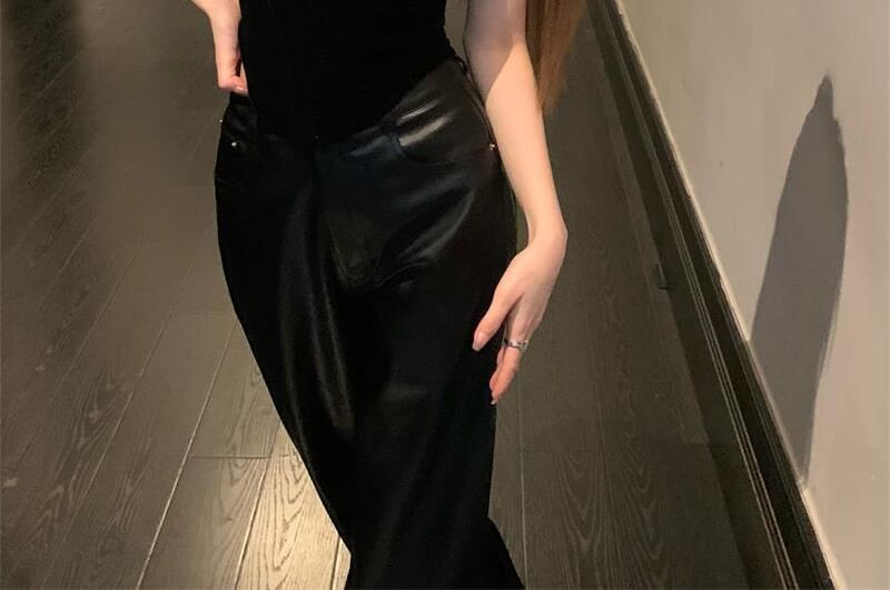 High Top Neck Faux / Flared Leather Plain Rise Pants Camisole Square FashionChic