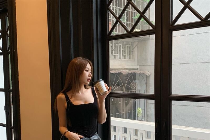 High Top Neck Faux / Flared Leather Plain Rise Pants Camisole Square FashionChic