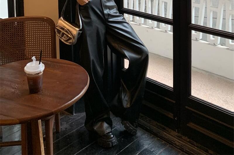 High Top Neck Faux / Flared Leather Plain Rise Pants Camisole Square FashionChic