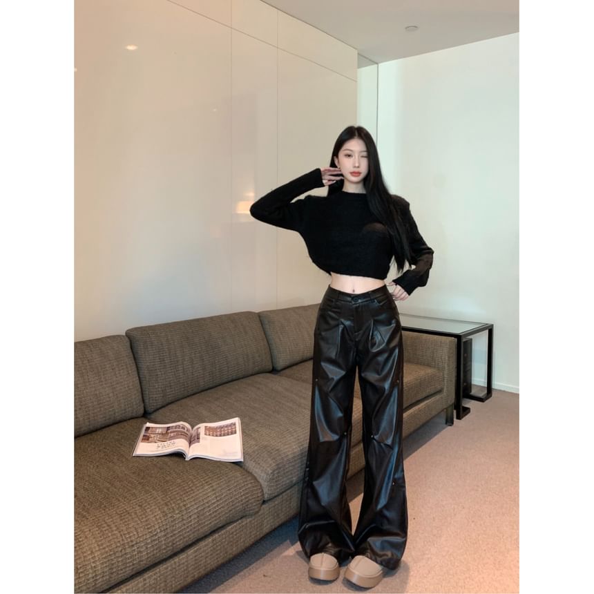 Plain Leather Wide Crop Pants Rise High Neck Faux / Leg Top Round Long-Sleeve FashionChic