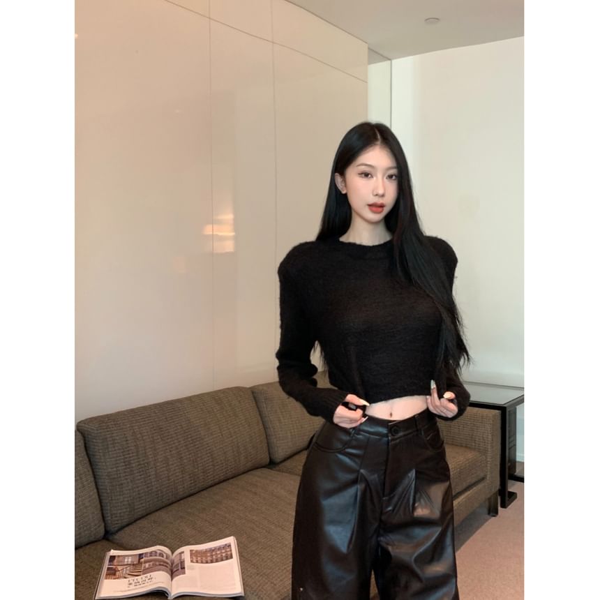 Plain Leather Wide Crop Pants Rise High Neck Faux / Leg Top Round Long-Sleeve FashionChic