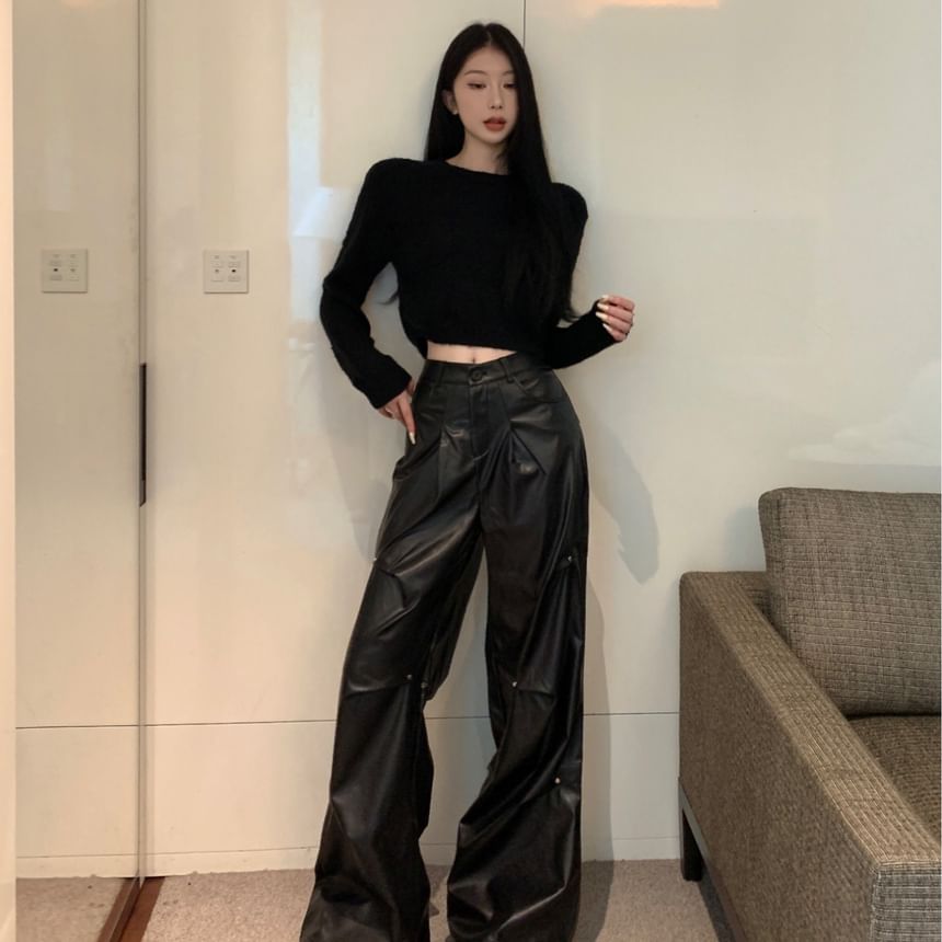 Plain Leather Wide Crop Pants Rise High Neck Faux / Leg Top Round Long-Sleeve FashionChic