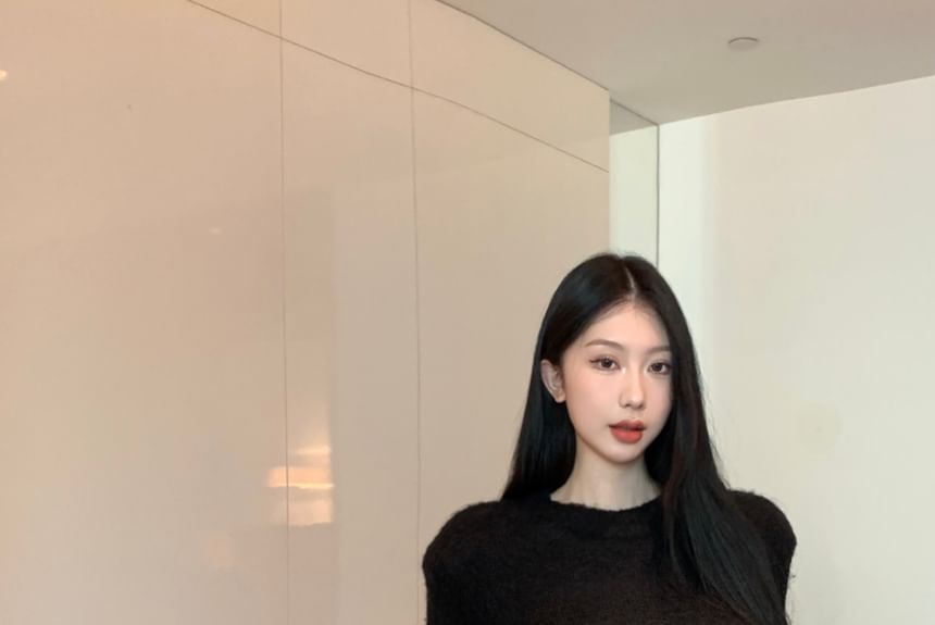 Plain Leather Wide Crop Pants Rise High Neck Faux / Leg Top Round Long-Sleeve FashionChic