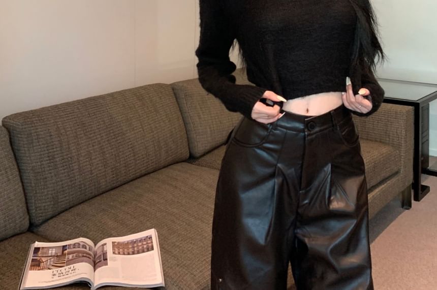 Plain Leather Wide Crop Pants Rise High Neck Faux / Leg Top Round Long-Sleeve FashionChic