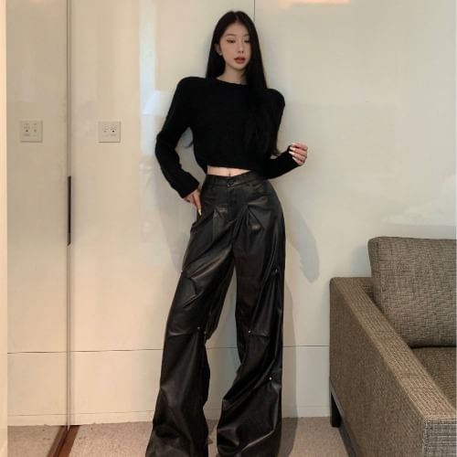 Plain Leather Wide Crop Pants Rise High Neck Faux / Leg Top Round Long-Sleeve FashionChic
