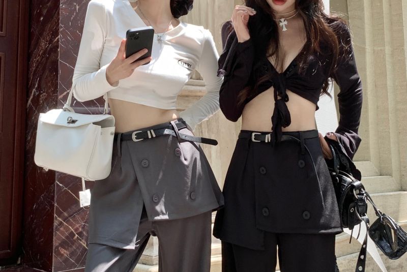 High Pants Overlay Plain Skirt Flared Waist FashionChic