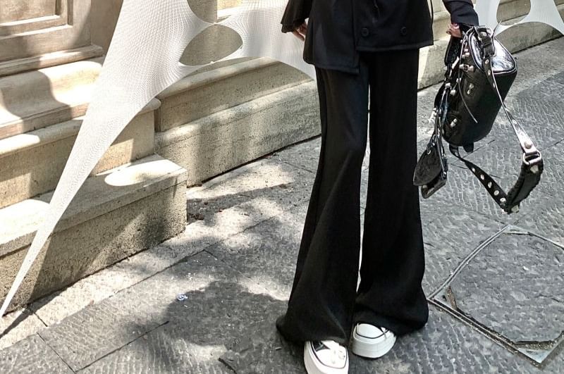 High Pants Overlay Plain Skirt Flared Waist FashionChic