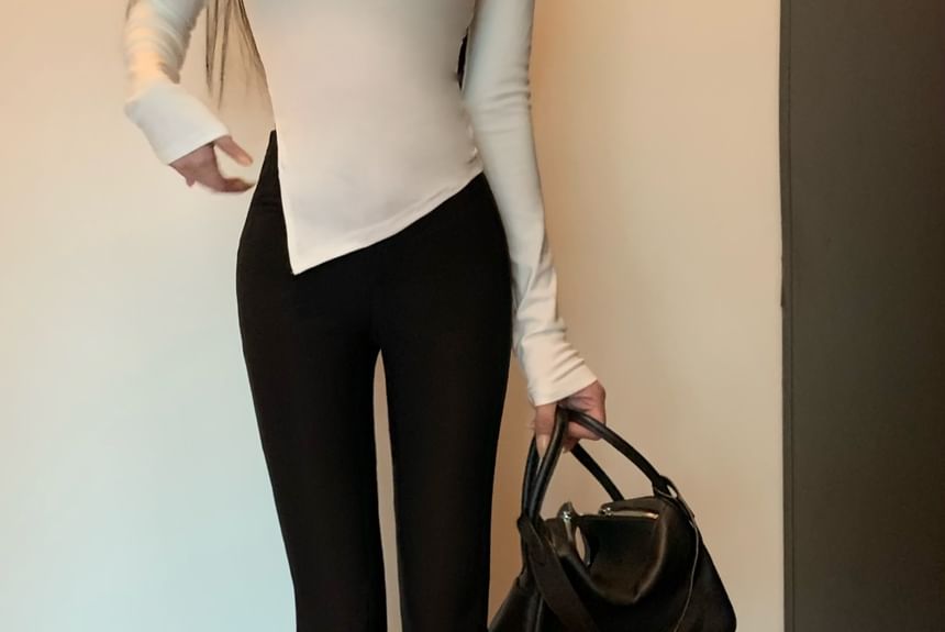 Flared Plain Pants High Rise FashionChic