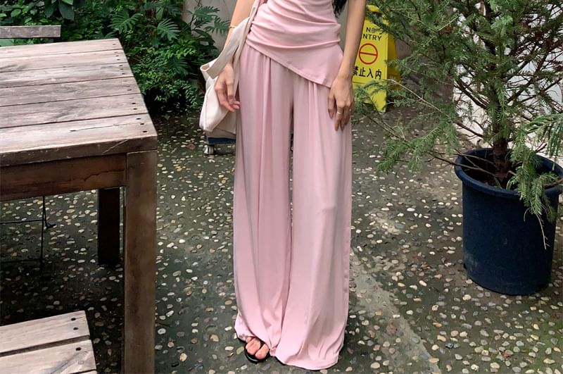 Tube Plain Strapless / Drawstring Waist Wide Top Pants Leg FashionChic