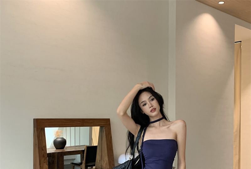 Tube Plain Strapless / Drawstring Waist Wide Top Pants Leg FashionChic