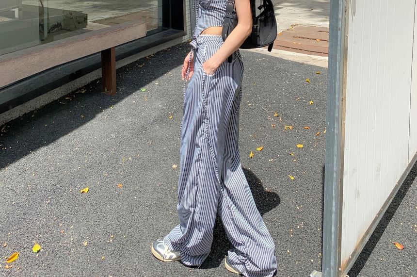 Waist Tube Leg Wide / Mid Pants Top Striped Strapless FashionChic