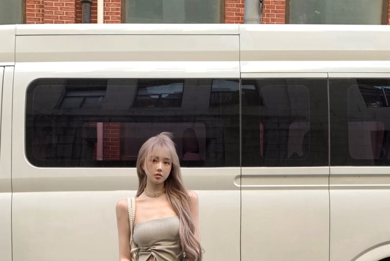 Waist Side-Slit High Flared / Top Drawstring Strapless Plain Pants Asymmetrical FashionChic