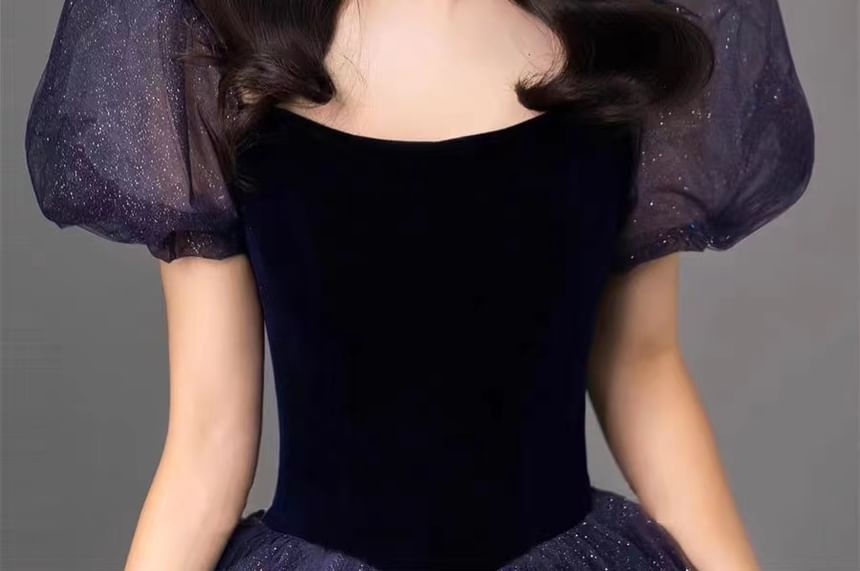 Short Sleeve Scoop Neck Glitter Two Tone Evening Ball Gown FashionChic