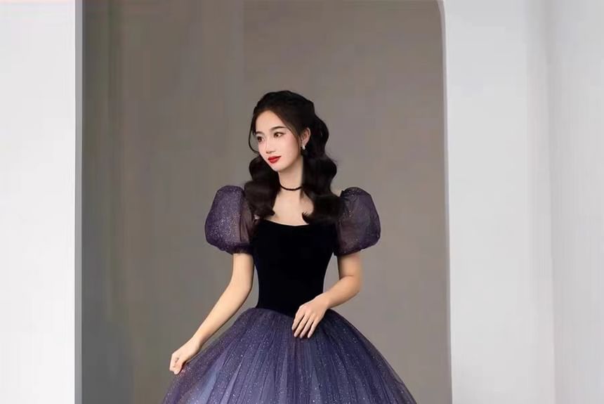 Short Sleeve Scoop Neck Glitter Two Tone Evening Ball Gown FashionChic