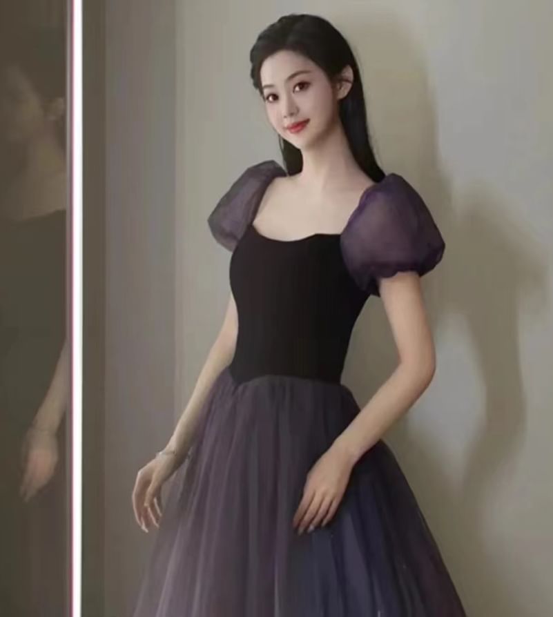 Short Sleeve Scoop Neck Glitter Two Tone Evening Ball Gown FashionChic