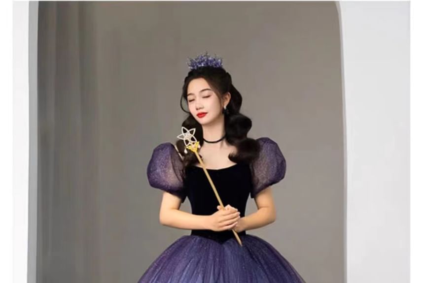 Short Sleeve Scoop Neck Glitter Two Tone Evening Ball Gown FashionChic