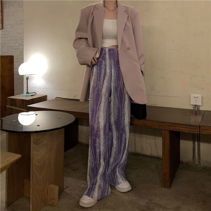 Pleated Print Leg Rise Wide Pants High Patterned FashionChic