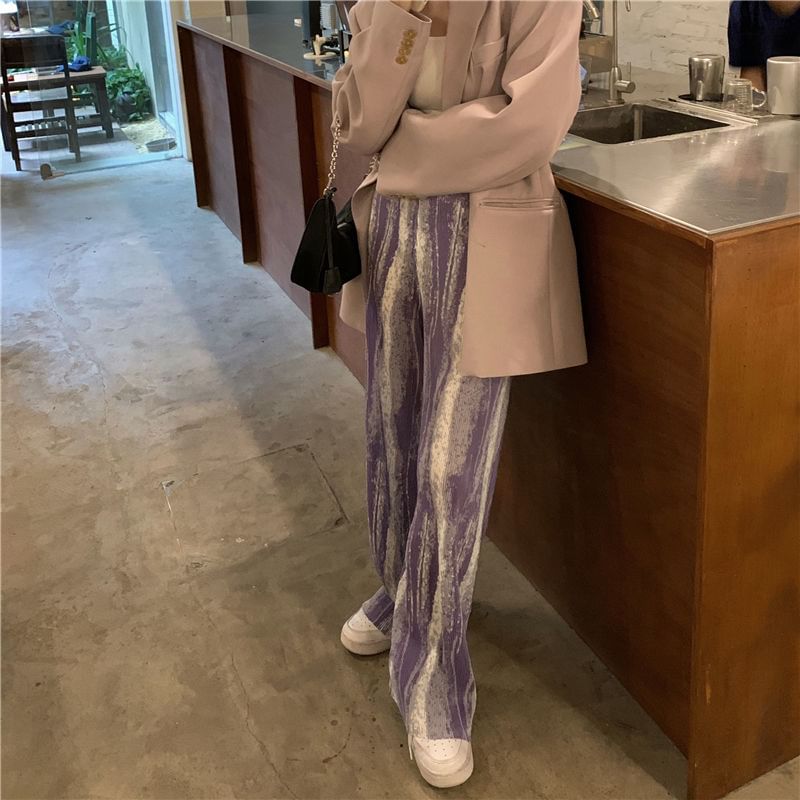 Pleated Print Leg Rise Wide Pants High Patterned FashionChic