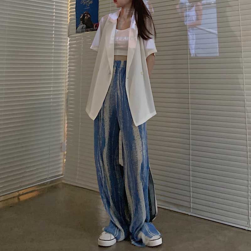 Pleated Print Leg Rise Wide Pants High Patterned FashionChic