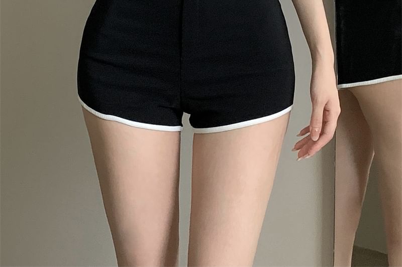 / Plain Neck T-Shirt Scoop Waist High Crop Short-Sleeve Trim Pants Hot Contrast FashionChic