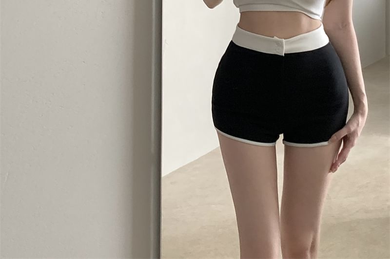 / Plain Neck T-Shirt Scoop Waist High Crop Short-Sleeve Trim Pants Hot Contrast FashionChic