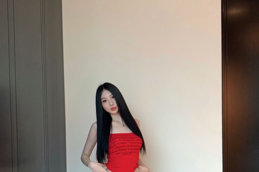 Crop Wide Leg Pants Lettering Trim Top Waist Drawstring Contrast Print Camisole / FashionChic