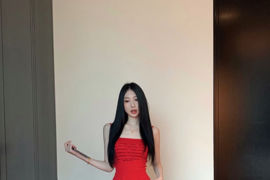 Crop Wide Leg Pants Lettering Trim Top Waist Drawstring Contrast Print Camisole / FashionChic