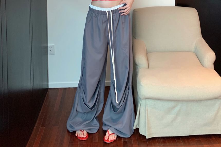 Crop Wide Leg Pants Lettering Trim Top Waist Drawstring Contrast Print Camisole / FashionChic