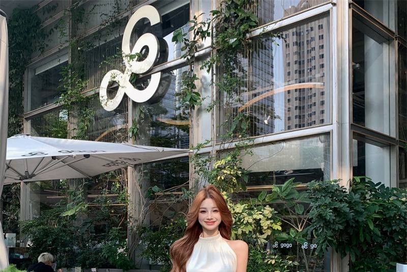 Sleeveless Halter Neck Wide Crop Leg Rise Pants High / Top Plain FashionChic