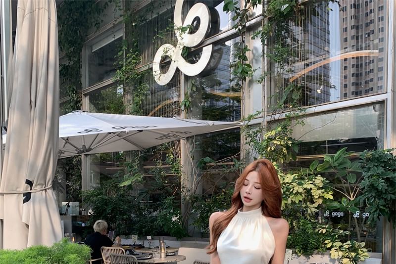 Sleeveless Halter Neck Wide Crop Leg Rise Pants High / Top Plain FashionChic