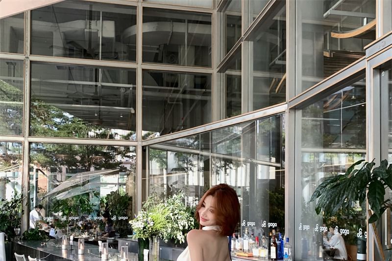 Sleeveless Halter Neck Wide Crop Leg Rise Pants High / Top Plain FashionChic