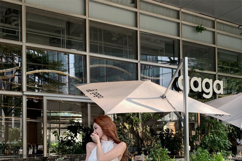 Sleeveless Halter Neck Wide Crop Leg Rise Pants High / Top Plain FashionChic