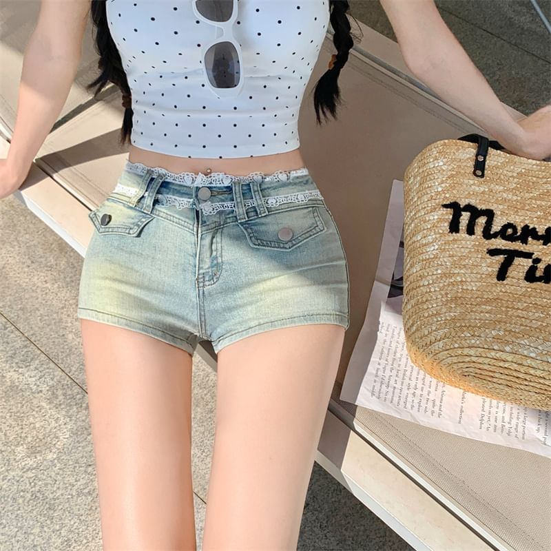 Lace Denim Pants Mid Rise Hot Washed Trim FashionChic