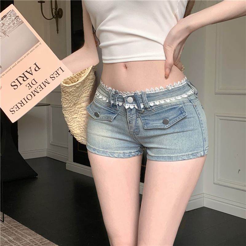 Denim Washed Rise Trim Hot Pants Low Lace FashionChic