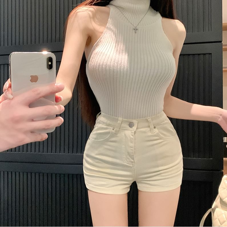 Plain Hot Pants Waist High Denim FashionChic