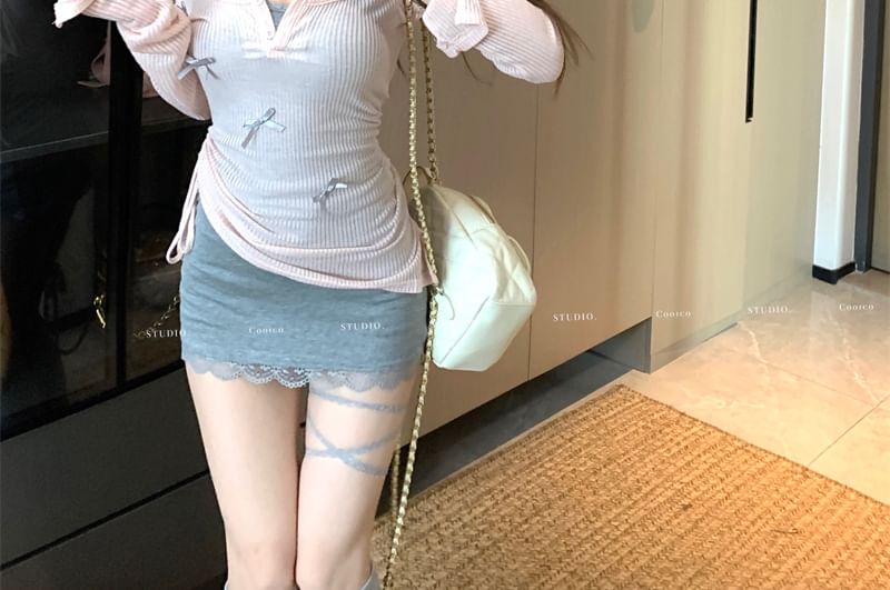 / Bow Lace Long-Sleeve Trim Plain Bodycon Knit Strap Top Mini Scoop Neck Spaghetti Dress FashionChic